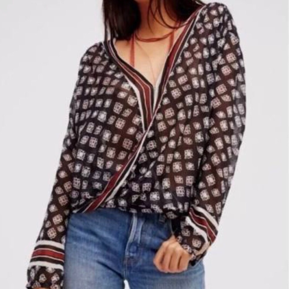 Free People Before Dawn Semi-Sheer Wrap Style Blouse Top